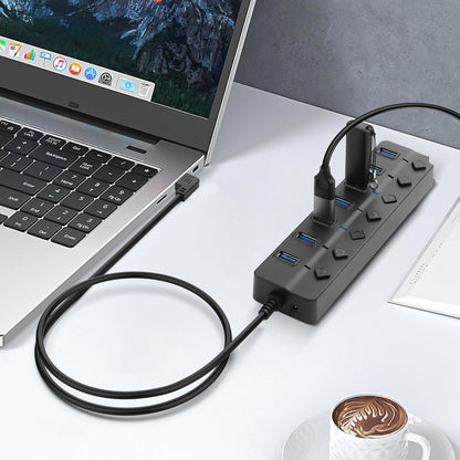 90 Degree USB Hub Splitter YACSEJAO USB 2.0 Data Hub with Individual LED Button On/Off Switch DC5.5 * 2.1 Power Port for Laptop,PC Computer (7 Ports, 0.3M)