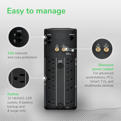 APC BR1000MS Sine Wave UPS Battery Backup & Surge Protector, 1000VA, Backups Pro, Black