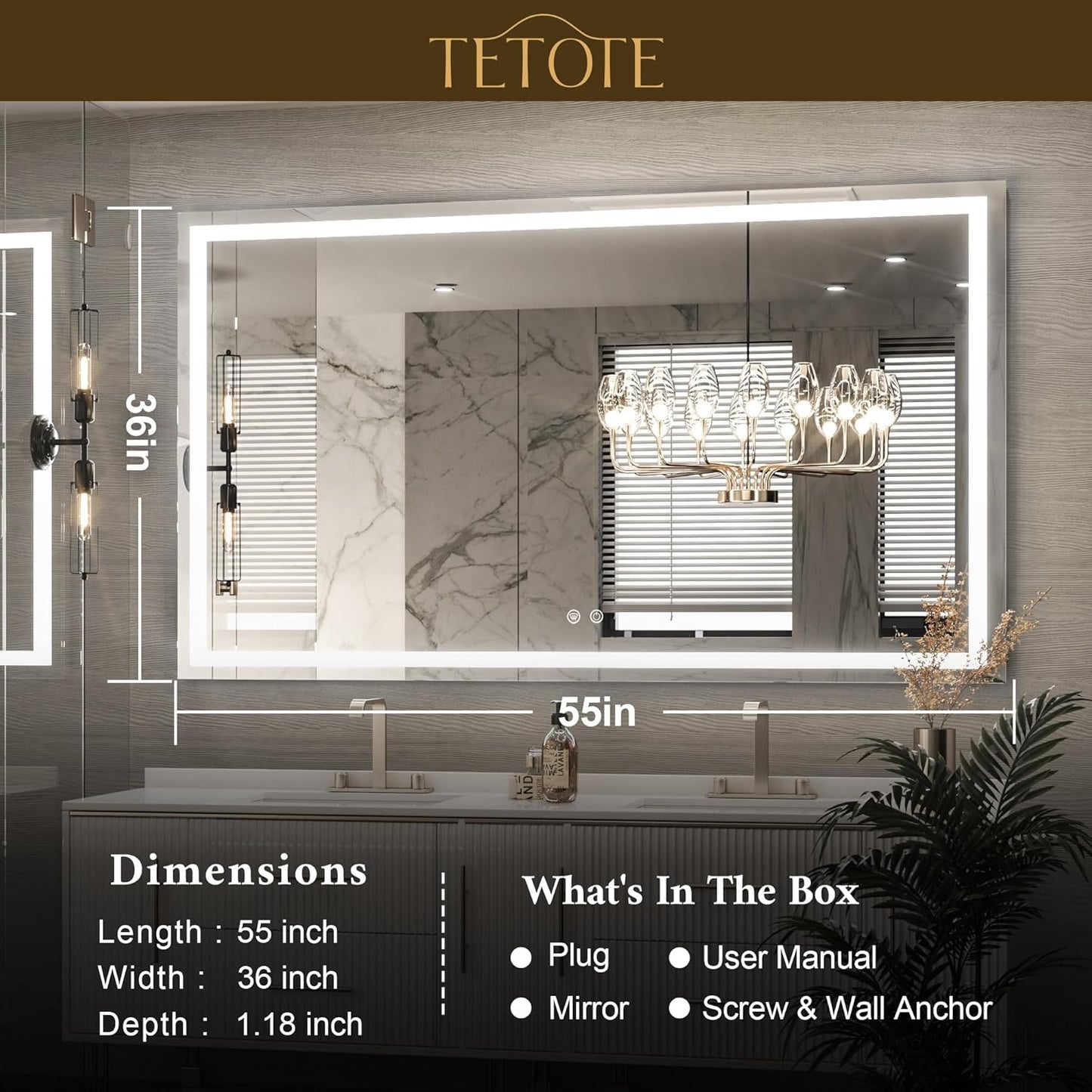 TETOTE 36 x 28 Bathroom LED Mirror Bedroom LED Mirror Fashion Style Vanity Makeup Mirror Dimmable Anti-Fog Wall Mounted Birthday Gift Housewarming Gift Wedding Gift