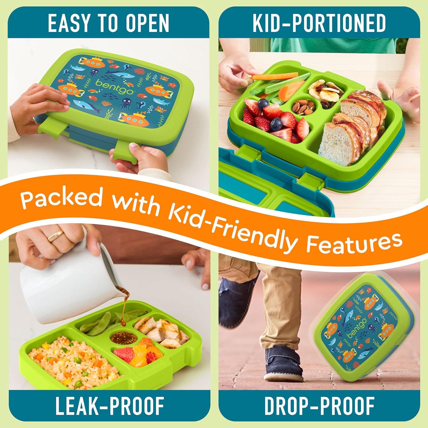 Bentgo Kids Prints Leak-Proof, 5-Compartment Bento-Style Kids Lunch Box - Ideal Portion Sizes for Ages 3-7, Durable, Drop-Proof, Dishwasher Safe, & Made with BPA-Free Materials (Green Rainbow)