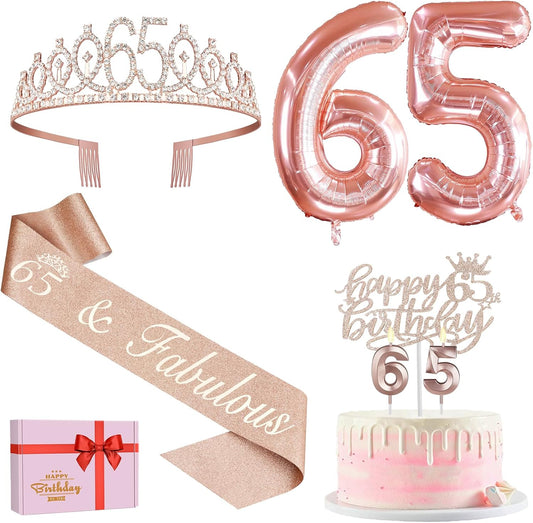 65th Birthday Decorations for Women, Including 65th Birthday Sash and Crown, Cake Topper and Candles, Number Balloons Rose Gold, 65 Year Old Gifts for Women