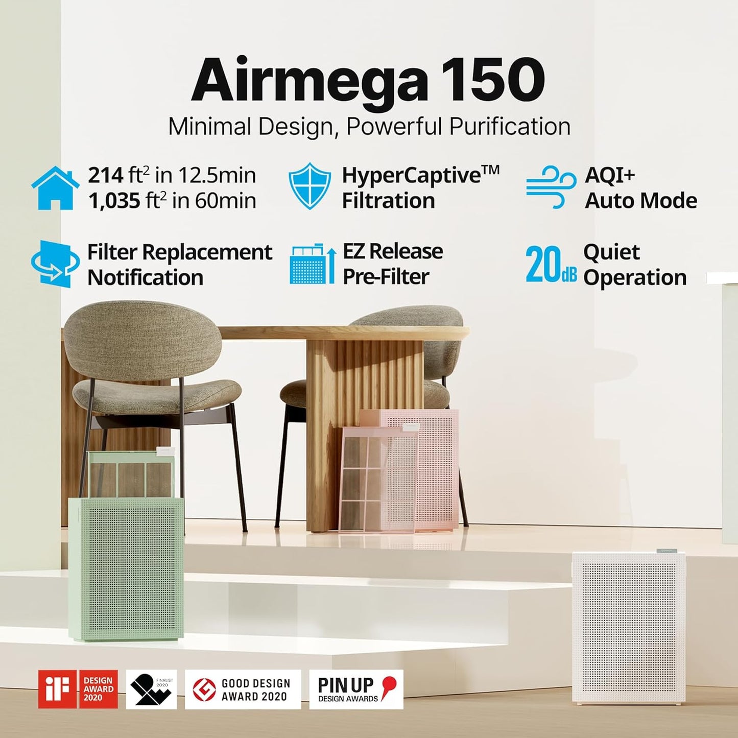 Coway Airmega 150 True HEPA Air Purifier with Air Quality Monitoring, Auto Mode, Filter Indicator, Dove White