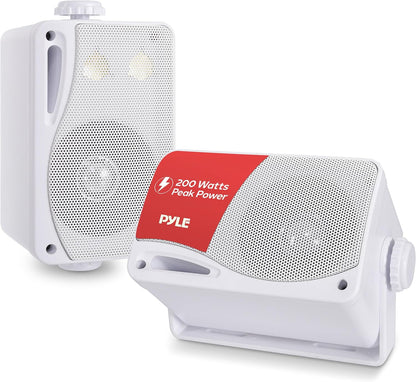 3-Way Weatherproof Outdoor Speaker Set - 3.5 Inch 200W Pair of Marine Grade Mount Speakers - in a Heavy Duty ABS Enclosure Grill - Home, Boat, Poolside, Patio, Indoor Outdoor Use - Pyle PLMR24 (White)
