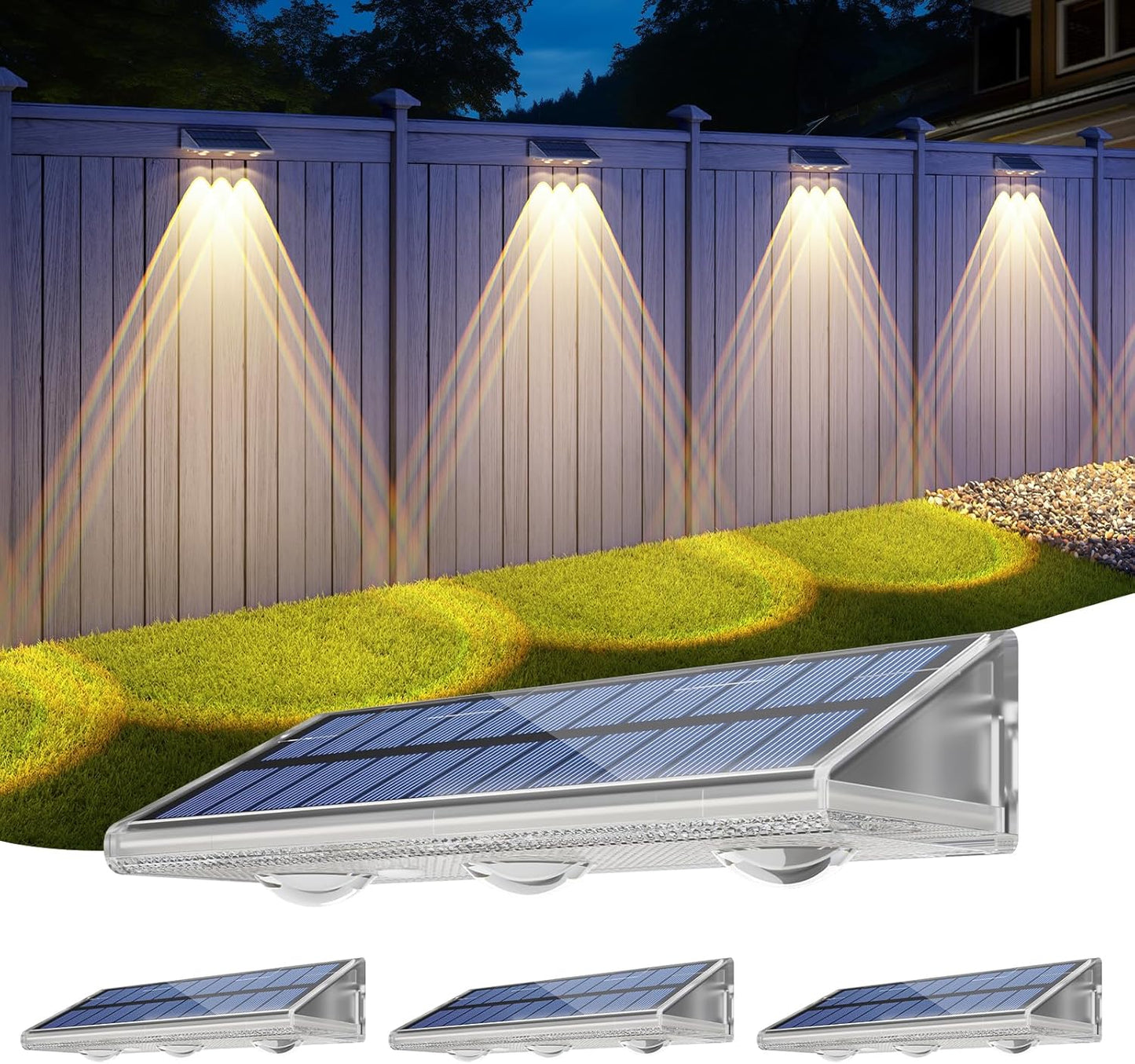 Yilaie Solar Lights Outdoor-IP67 Waterproof 3000K/4500K/6500K,High Brightness LED Solar Fence Lights,Solar Wall Light for Outside Backyard/Railing/Step/Patio/Stair Railings/Pool （4 Pack）