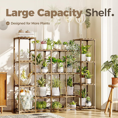 Bamworld Plant Stand Indoor Outdoor Hanging Plant Shelf for Multiple Plants Pots Wood Flower Stand Tall Large Flower Holder for Living Room, Patio, Balcony, Garden Decor, Brown