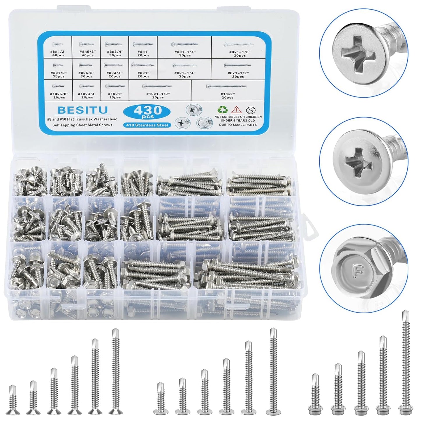 Besitu 400PCS Self Tapping Screws, 410 Stainless Steel Self Drilling Screws #8#10 Black Oxide Sheet Metal Screws, Length 1/2" to 1-1/4'', Truss Head Wood Screws Assortment for Metal, Plastic and RV