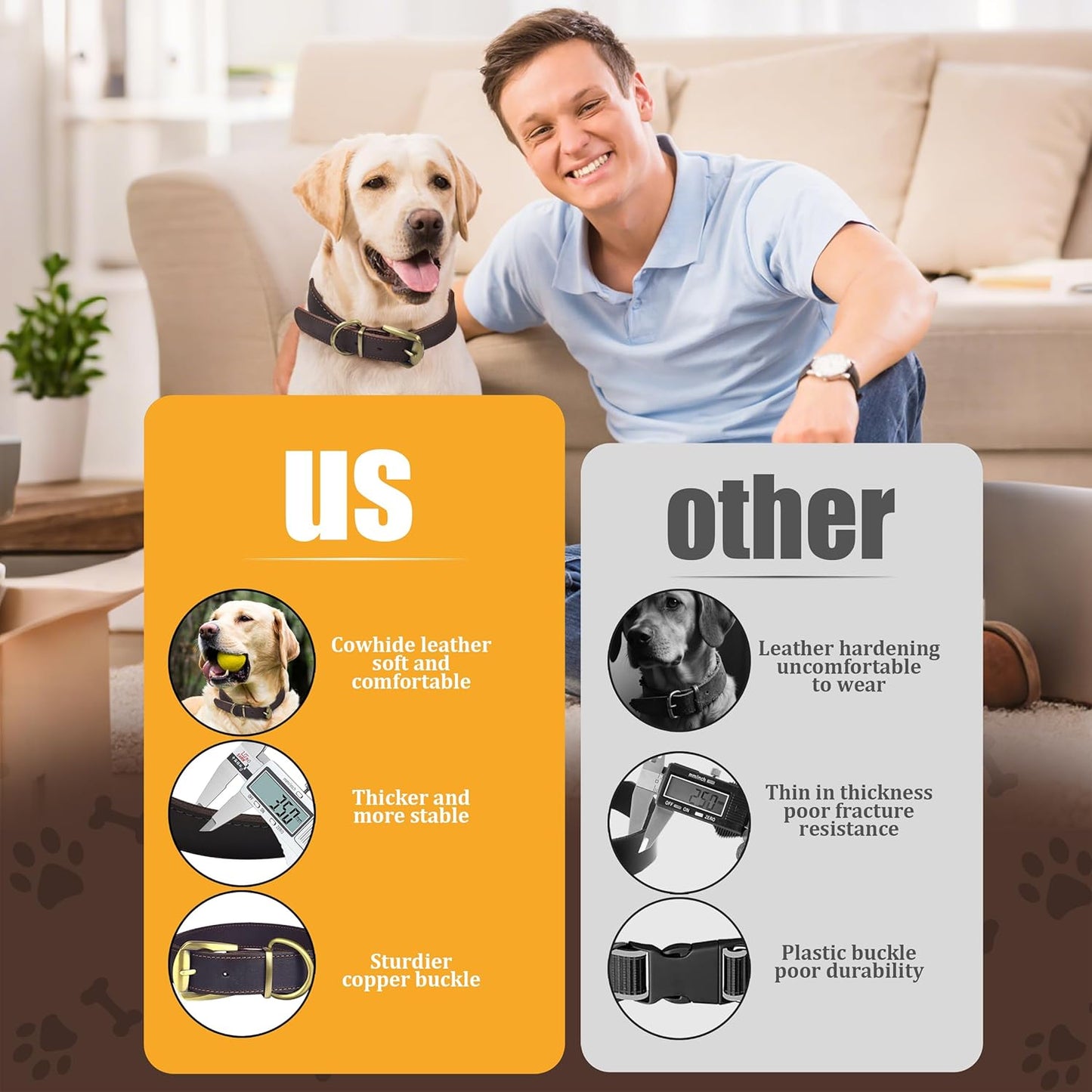 QRDA Leather Dog Collar Brown Dog Training Collar Heavy Duty Premium Leather Dog Collar Dog Collars for Medium/Large Dogs