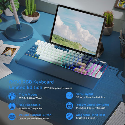RK ROYAL KLUDGE RK96 RGB Limited Ed, 90% 96 Keys Wireless Triple Mode Bluetooth 5.0/2.4G/USB-C Hot Swappable Mechanical Keyboard w/Software Support & Massive Battery, RK Yellow Switch, Forest Blue