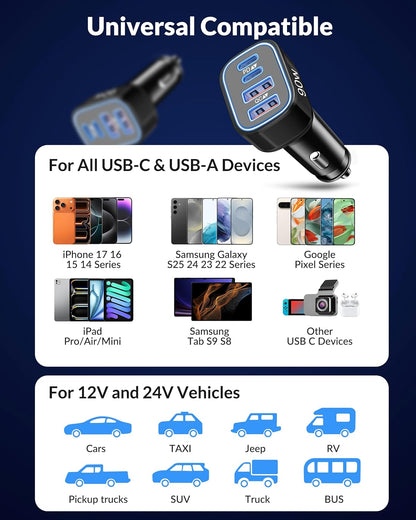 USB C Car Charger, 4-Port 90W Super Fast Car Phone Charger Accessories Dual 45W USB-C & USB-A Cargador Carro Adapter Cigarette Lighter for iPhone 17 16 15 14 13 12 11, Galaxy S25 S24, Tablet, Android