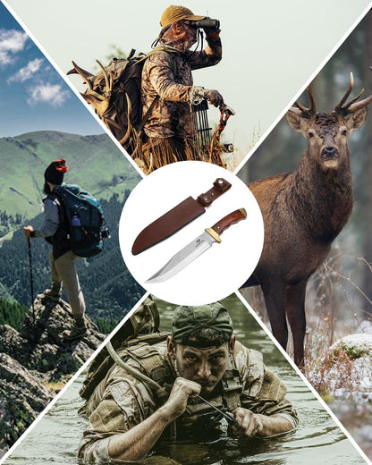 MOSSY OAK 14-inch Bowie Knife, Full-tang Fixed Blade Wood Handle with Leather Sheath for Camping Survival