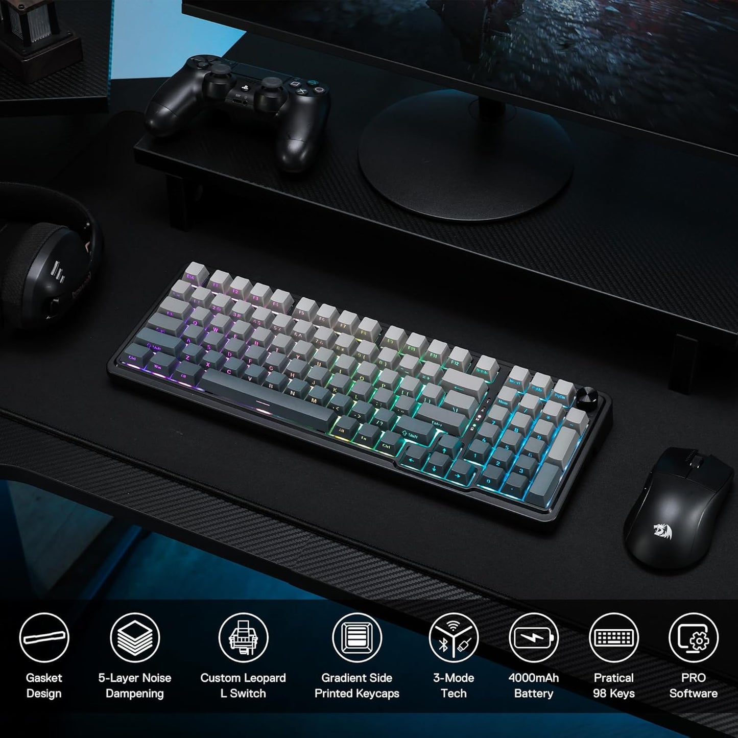 Redragon K686 PRO 98 Keys Wireless Gasket RGB Gaming Keyboard, 3-Modes Anime Mechanical Keyboard w/Hot-Swap Socket, Dedicated Knob Control & Sound Absorbing Pads, Custom Hi-Fi Linear Switch