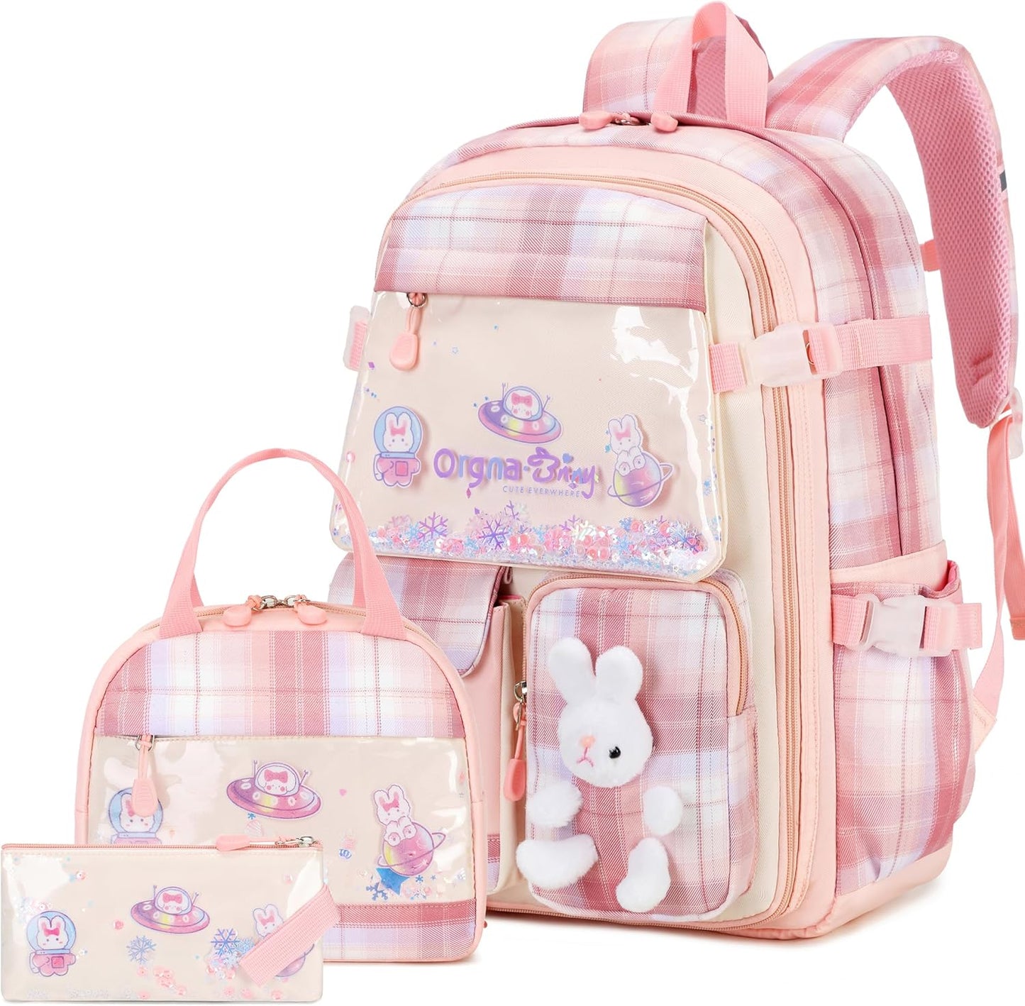 FIXITOK Girls Backpack Set, 3PCS Kids Backpack for Girls, Kawaii Bunny School Backpacks for Girl Kindergarten Elementary Preschool Middle School Bags with Lunch Box Pencil Case Aquamarine