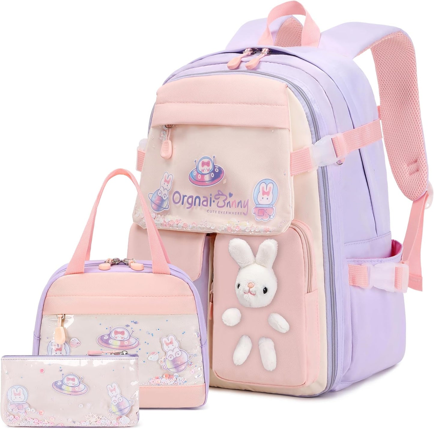 FIXITOK Girls Backpack Set, 3PCS Kids Backpack for Girls, Kawaii Bunny School Backpacks for Girl Kindergarten Elementary Preschool Middle School Bags with Lunch Box Pencil Case Aquamarine