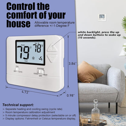 Heagstat Non-Programmable Thermostats for Home Single-Stage 1 Heat/ 1 Cool (with Green Backlight)