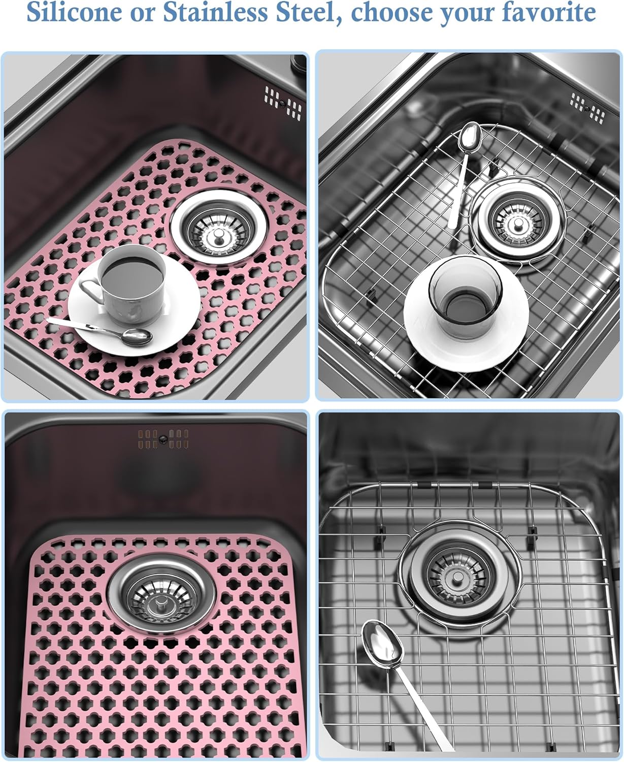 BEHOK 2 Pack Silicone Sink Protector for Kitchen Sink Bathroom Sink 13.58"x 11.6" Sink Mat, Non-Slip and Durable Silicone Sink Grid, Rear Drain (Gray)