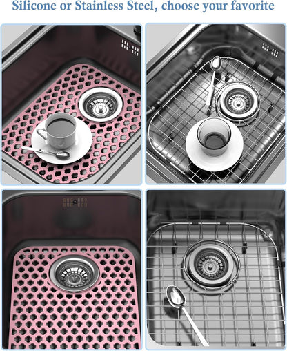 BEHOK 2 Pack Silicone Sink Protector for Kitchen Sink Bathroom Sink 13.58"x 11.6" Sink Mat, Non-Slip and Durable Silicone Sink Grid, Rear Drain (Gray)