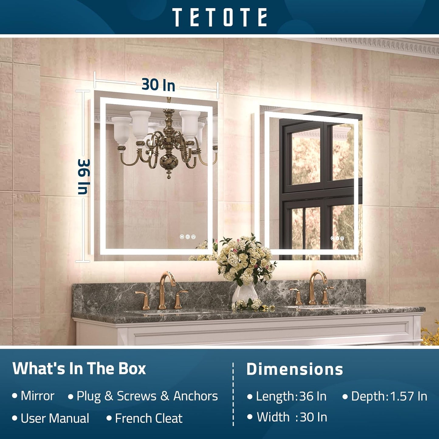 TETOTE LED Bathroom Mirror 20x28 Frontlit & Backlit Lighted Vanity Mirror Anti Fog Stepless Dimmable 3 Colors White/Warm/Natural,Double Lights,Wall-Mounted(Horizontal/Vertical)