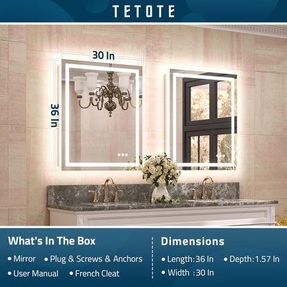 TETOTE LED Bathroom Mirror 20x28 Frontlit & Backlit Lighted Vanity Mirror Anti Fog Stepless Dimmable 3 Colors White/Warm/Natural,Double Lights,Wall-Mounted(Horizontal/Vertical)