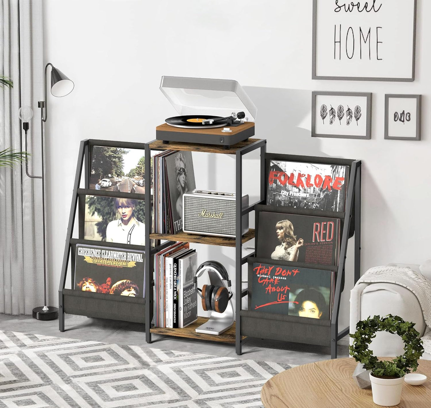 Record Player Stand with Vinyl Storage, Record Player Table with Record Storage 200 Albums, Turntable Stand with Record Holder Vinyl Display Shelf, Record Cabinet Media Stereo (White) - PuriLite