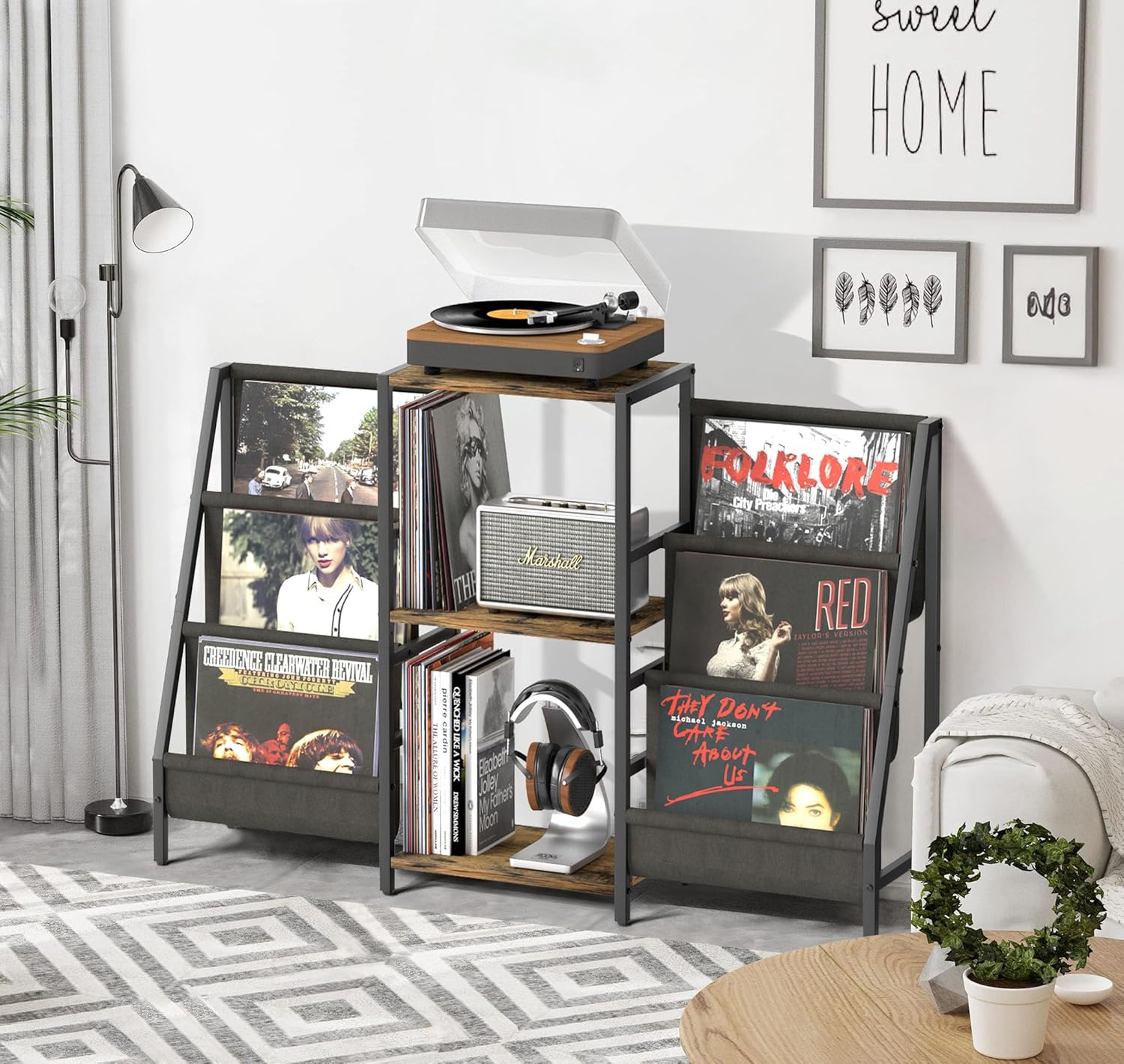 Record Player Stand with Vinyl Storage, Record Player Table with Record Storage 200 Albums, Turntable Stand with Record Holder Vinyl Display Shelf, Record Cabinet Media Stereo (White) - PuriLite