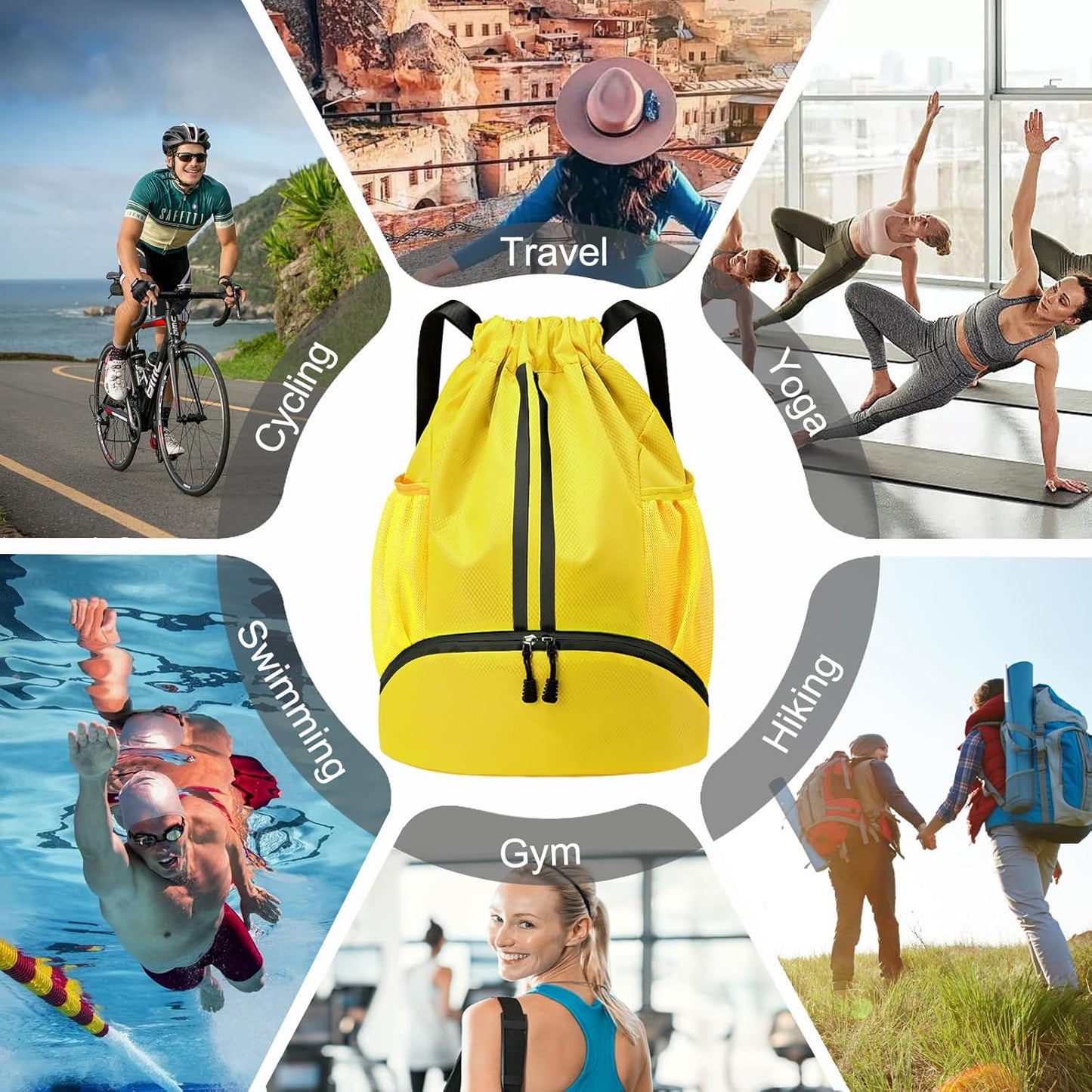 Hoedia Sports Drawstring Backpack - String Swim Gym Bag with Shoes Compartment and Wet Proof Pocket for Women/Men