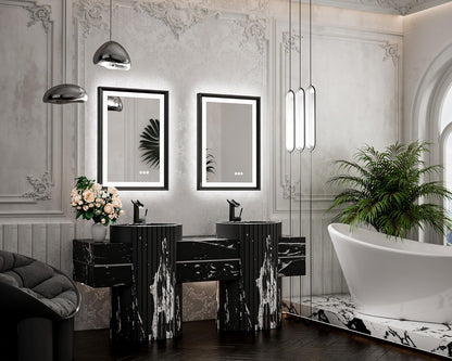 TETOTE 28x36 LED Mirror for Bathroom Black Metal Frame Frontlit & Backlit Lighted Vanity Mirror Baroque Gothic Anti Fog Stepless Dimmable White/Warm/Natural,Wall Mounted(Horizontal/Vertical)