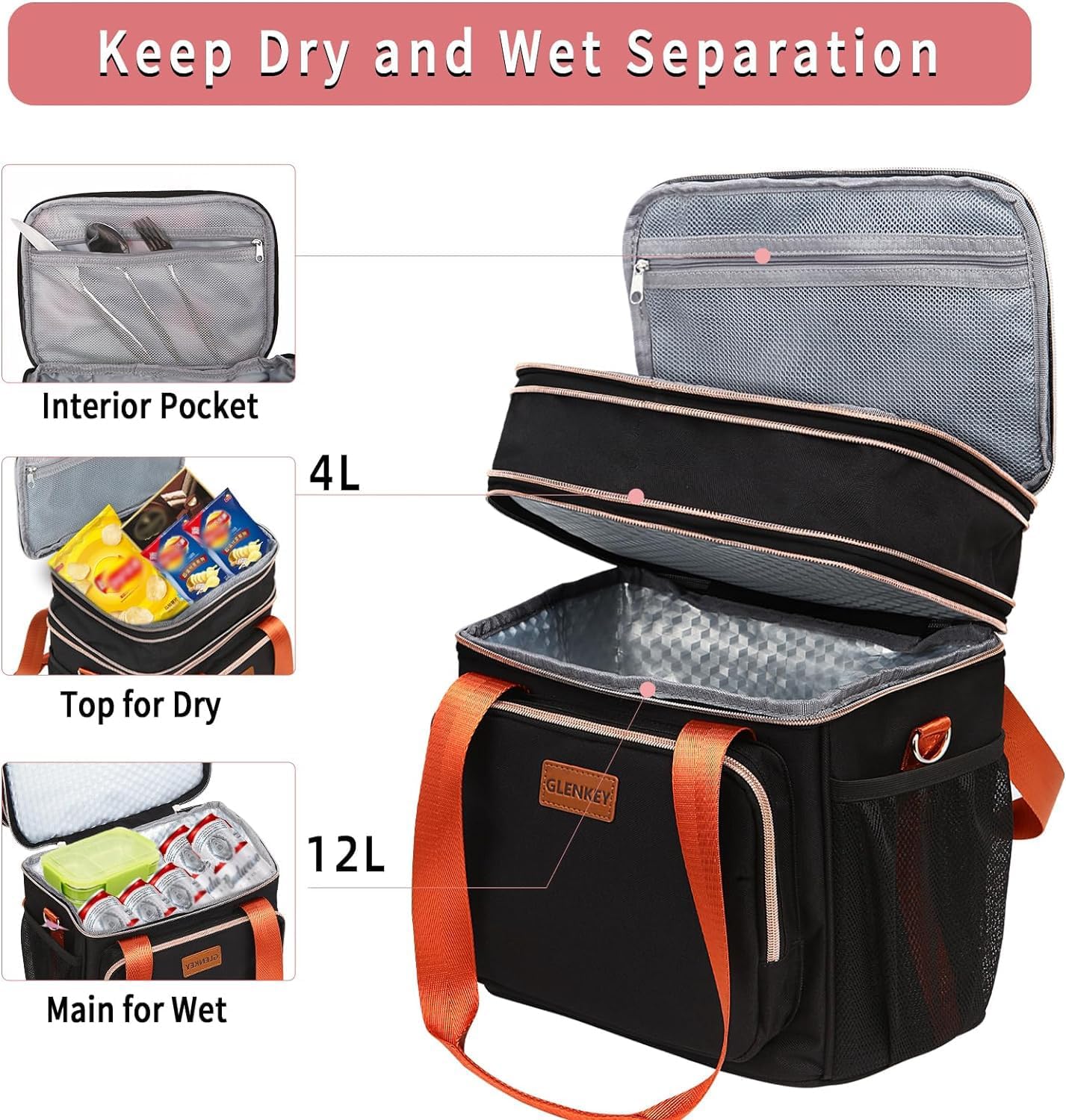 Expandable Large Lunch Bag, Double Deck Insulated Lunch Box Leakproof Durable Soft Cooler Bag for Men Women Adults Work Construction Beach Picnic Daytrip,16L,Black, GLENKEY