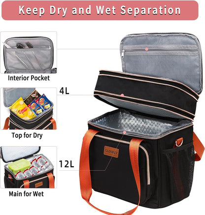 Expandable Large Lunch Bag, Double Deck Insulated Lunch Box Leakproof Durable Soft Cooler Bag for Men Women Adults Work Construction Beach Picnic Daytrip,16L,Black, GLENKEY
