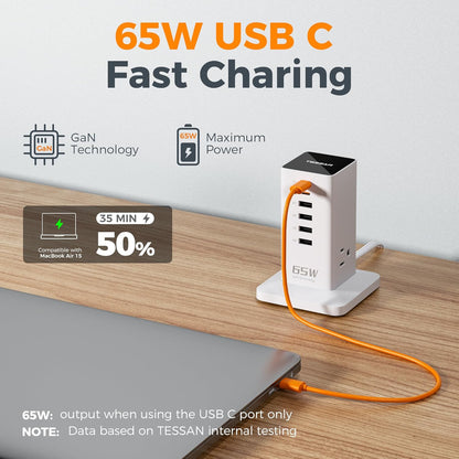 Charging Station, TESSAN 65W Max GaN USB C Charger Block, 6-Ports and 3 AC Outlets Power Tower, Fast Charging for Multiple Devices, Compatible with iPhone, Samsung and More, White