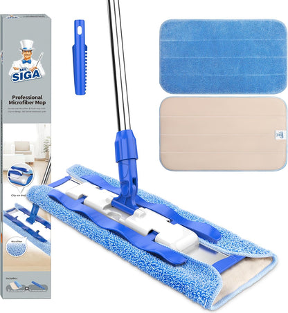MR.SIGA Professional Microfiber Mop for Hardwood, Laminate, Tile Floor Cleaning, Stainless Steel Handle - 3 Reusable Flat Mop Pads and 1 Dirt Removal Scrubber Included