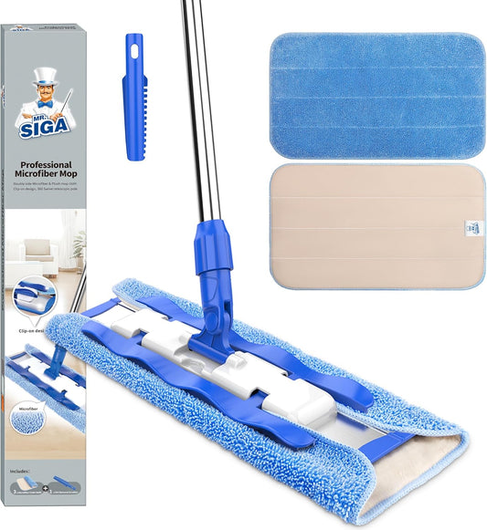 MR.SIGA Professional Microfiber Mop for Hardwood, Laminate, Tile Floor Cleaning, Stainless Steel Handle - 3 Reusable Flat Mop Pads and 1 Dirt Removal Scrubber Included