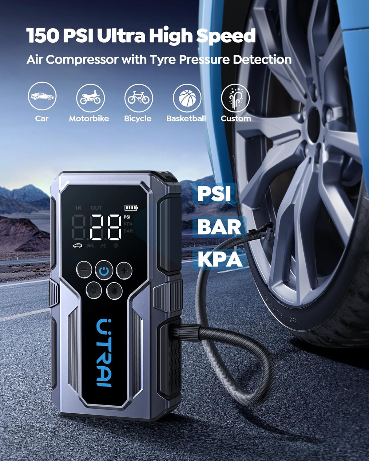 Portable Car Jump Starter with Air Compressor, UTRAI 4000A 150PSI Battery Booster Pack with Jumper Cables LED Lights Car Battery Booster Jump Starter 12V Car Booster Jump Starter(8.5L Gas/6.5L Diesel)