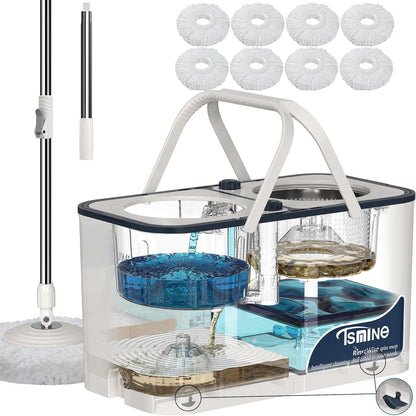RinseWise Spin Mop and Bucket Separate Clean and DirtyWater, Mop and Bucket with Wringer Set, 4-Chamber Commercial Spinning Mopping Bucket Cleaning Supplies with 8 Microfiber Replacement Head Refills