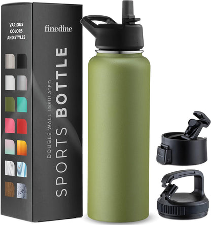 FineDine Water Bottle - Stainless Steel Insulated Water Bottle with Straw Lid, Flip Lid & Wide-Mouth Cap - Keeps Hot and Cold - 25 Oz / 739ml - Pure Pearly White