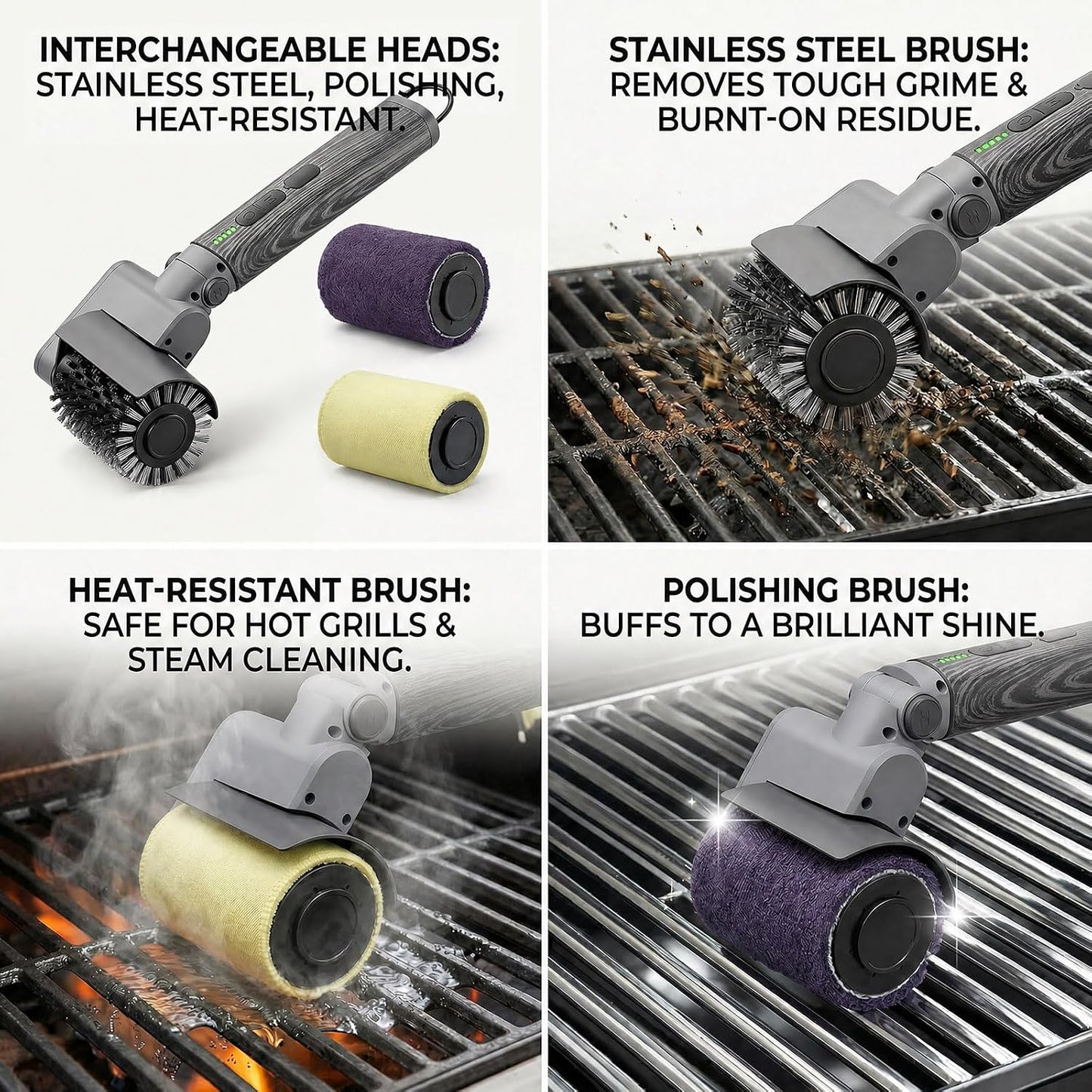 Electric Grill Brush Kit – Cordless BBQ Cleaner with Reinforced Safe Metal Bristles – 2 Hours Runtime, Waterproof & Dishwasher Safe Removable Brushes for Deep Cleaning (Black Wood Coating)