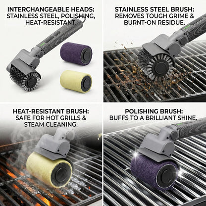 Electric Grill Brush Kit – Cordless BBQ Cleaner with Reinforced Safe Metal Bristles – 2 Hours Runtime, Waterproof & Dishwasher Safe Removable Brushes for Deep Cleaning (Black Wood Coating)