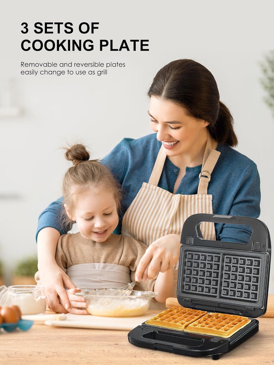 Reemix 3-in-1 Waffle, Grill & Sandwich Maker, Panini Press Grill and Waffle Iron Set with Removable Non-Stick Plates, Perfect for Cooking Grilled Cheese, Tuna Melts, Burgers, Steaks and Snacks, Black