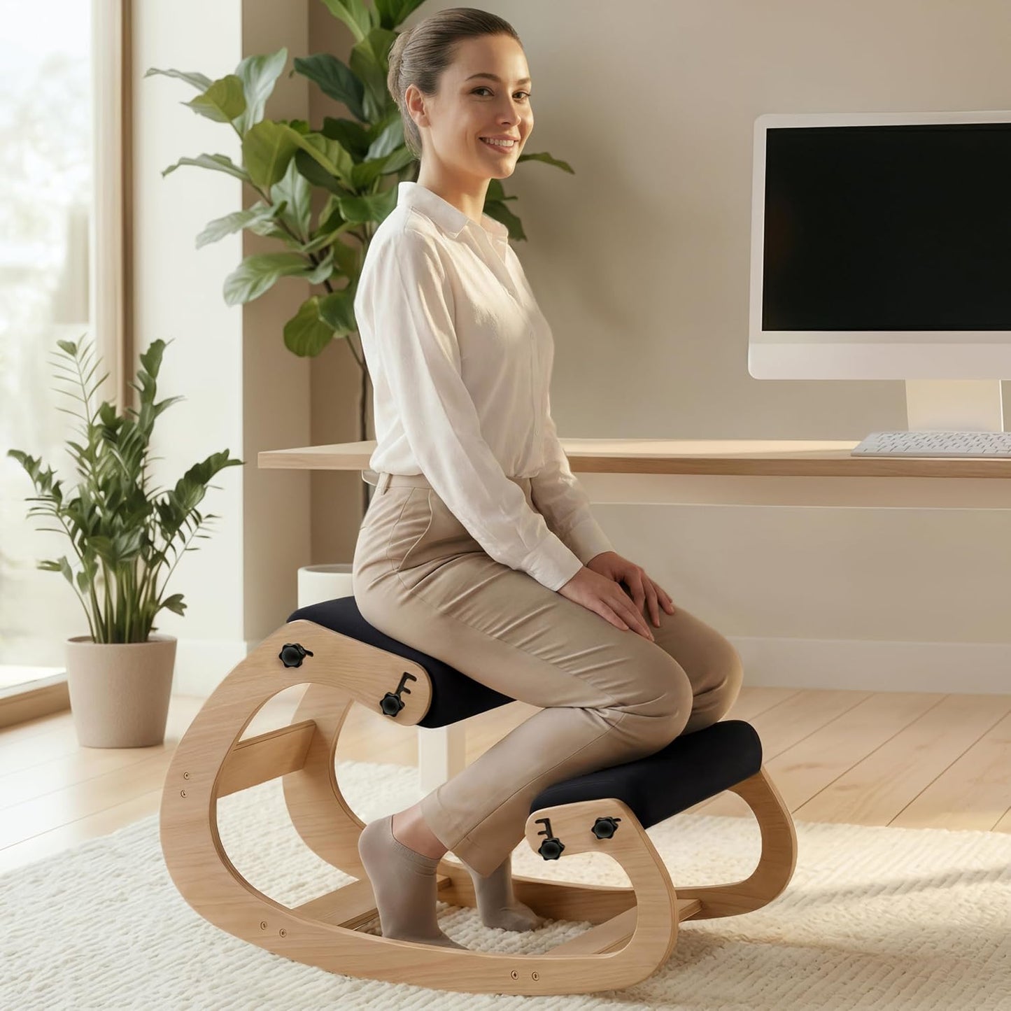 NYPOT Ergonomic Kneeling Chair with Adjustable Seat – Rocking Wooden Desk Stool for Home Office and Standing Desks – Modern Active Sitting Chair (Black)