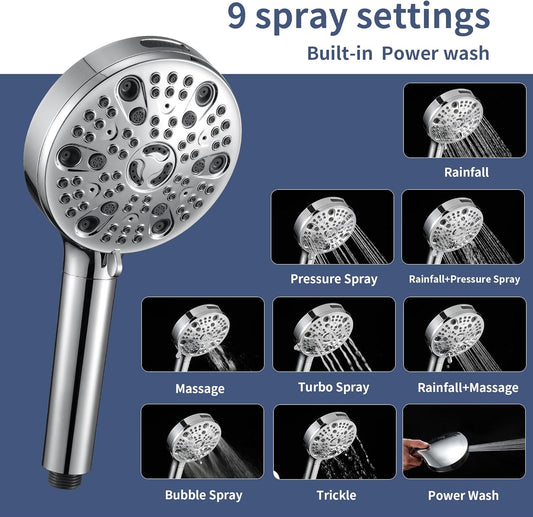 High Pressure Filtered Shower Head with Handheld - 9 Mode Hard Water Filter & Power Wash Spray, 79in Hose for Tub/Pet Cleaning + Adjustable Low Reach Bracket (Elder/Kids Friendly) - PuriLite