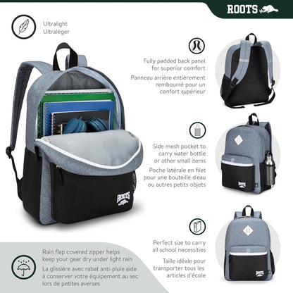 Roots Kids Lightweight Backpack — Made from 100% Recycled Fabrics with Rain Flap, Bottle Pocket, Reflective Accent, and Back Padding — 22.5 litres, Pink & Purple