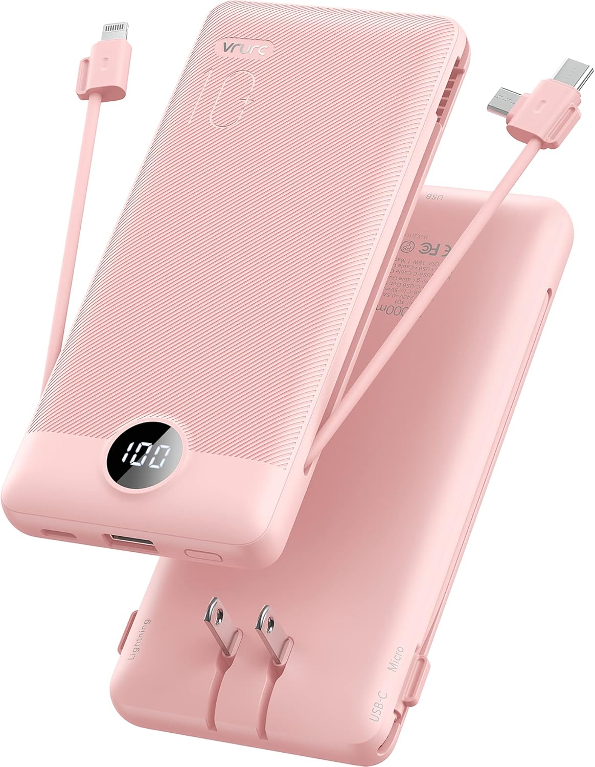 Portable Charger for iPhone, 10000mAh Power Bank with Built-in Cables & AC Wall Plug, USB C Phone Charger 5 Output External Battery Pack Compatible with iPhone Samsung Google Pixel Android -White