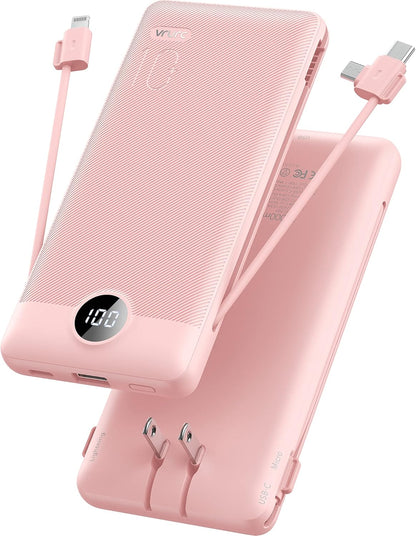 Portable Charger for iPhone, 10000mAh Power Bank with Built-in Cables & AC Wall Plug, USB C Phone Charger 5 Output External Battery Pack Compatible with iPhone Samsung Google Pixel Android -White