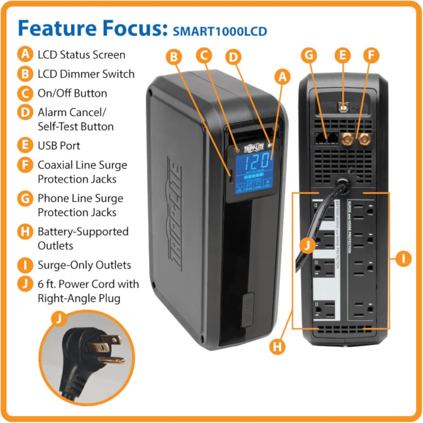 Tripp Lite SMART1000LCD 1000VA 500W UPS Back-Up Smart Tower LCD AVR 120V USB Coax RJ45, 8 Outlets