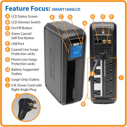 Tripp Lite SMART1000LCD 1000VA 500W UPS Back-Up Smart Tower LCD AVR 120V USB Coax RJ45, 8 Outlets
