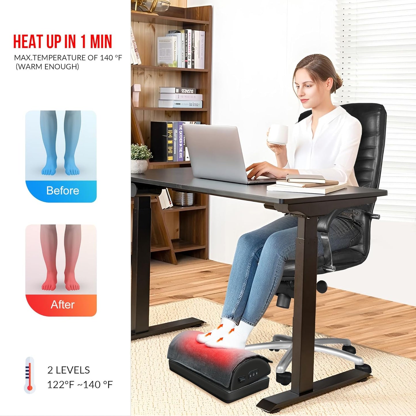 Snailax Foot Rest Under Desk at Work, 2 Heating Levels, 3 Vibrating Massage Modes, Heated Ergonomic Foot Stool with Adjustable Height, Office & Gaming Home Use, Grey
