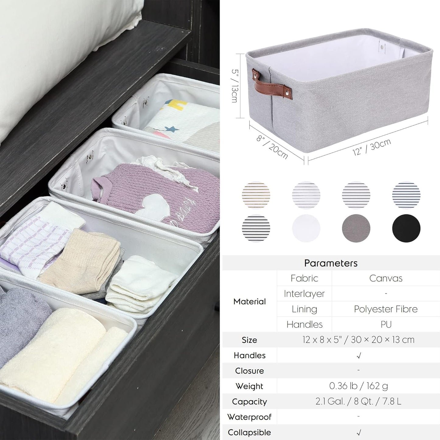 Hinwo 6-Pack Small Canvas Fabric Storage Baskets Set with Handles, Open Storage Bins, Cube Storage Organizer, Shelf Organizer Bins for Closet, 7.9L, 12 x 8 x 5 Inches, Grey Stripe