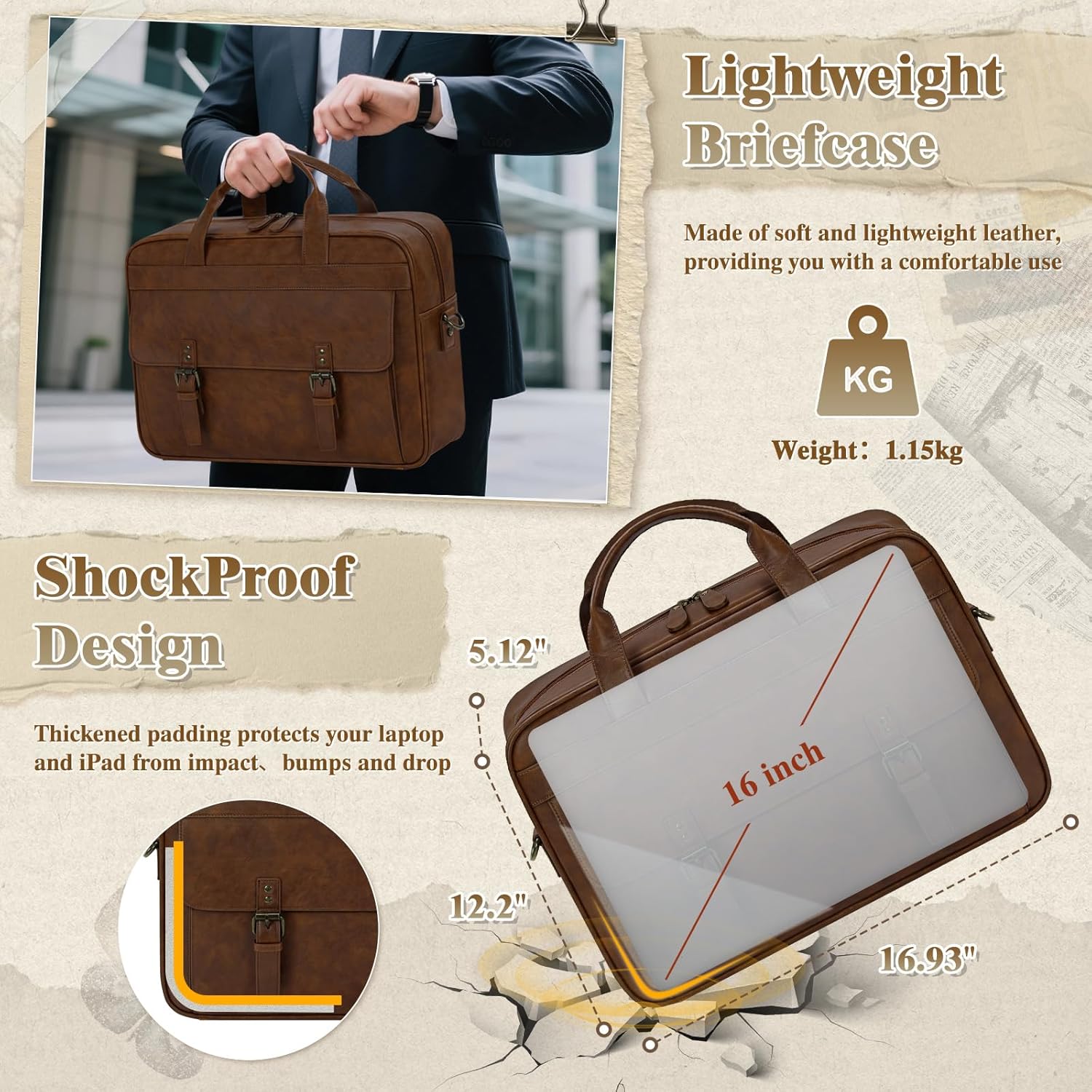 RAINSMORE Messenger Bag for Men 16 Inch Laptop Bag Vintage Leather Waterproof Laptop Briefcases Large Computer Satchel Bag - PuriLite