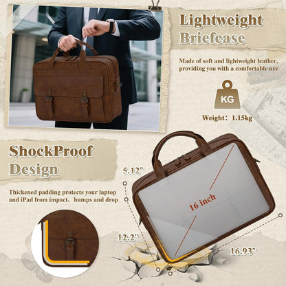 RAINSMORE Messenger Bag for Men 16 Inch Laptop Bag Vintage Leather Waterproof Laptop Briefcases Large Computer Satchel Bag - PuriLite