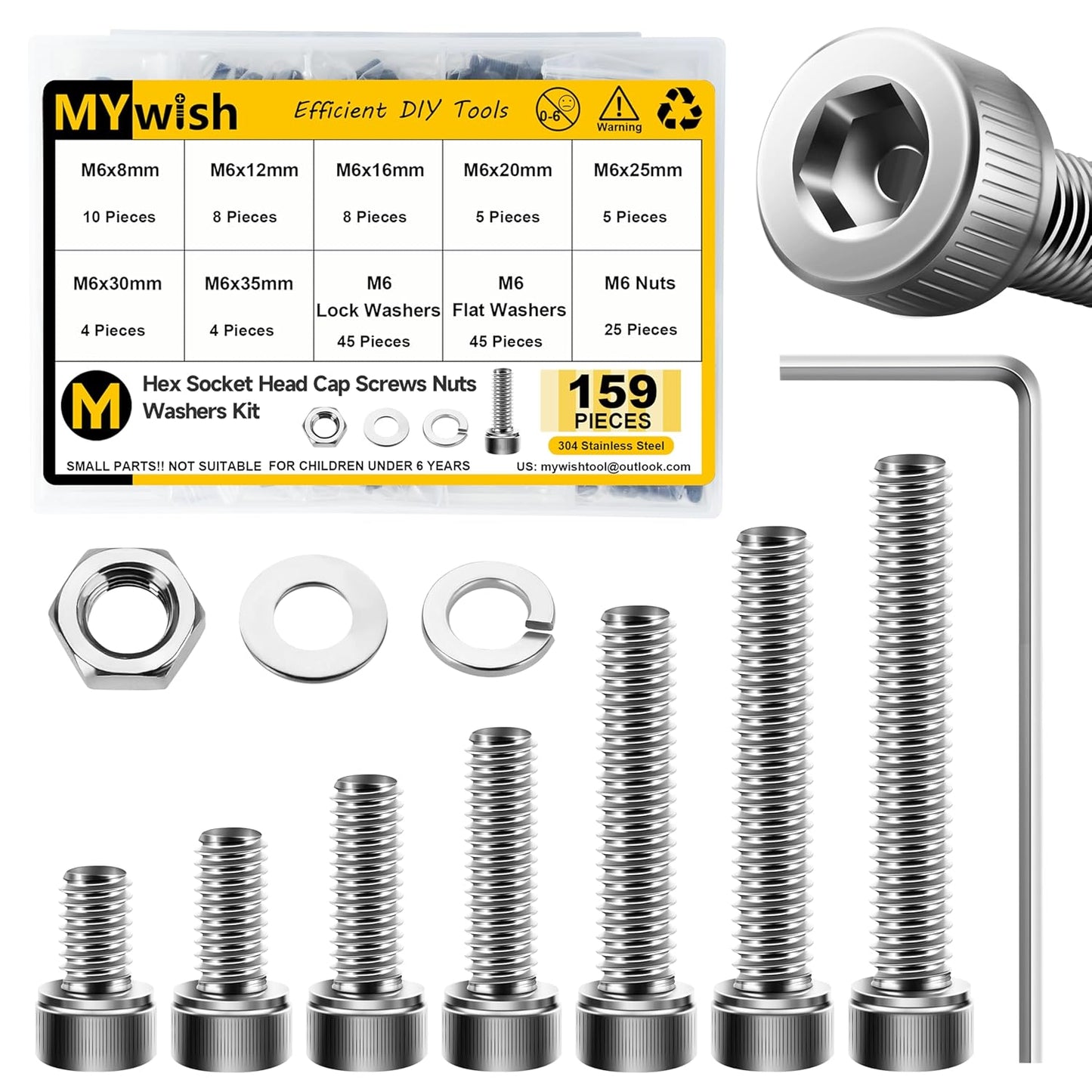 Mywish 900Pcs Metric Screw Assortment, M3 M4 M5 M6 Screw Assortment Kit 304 Stainless Steel Hex Socket Button Head Socket Cap Metric Screws Bolts & Flat Washers/Nuts/Hex Wrenches 16 Sizes 8MM to 20MM