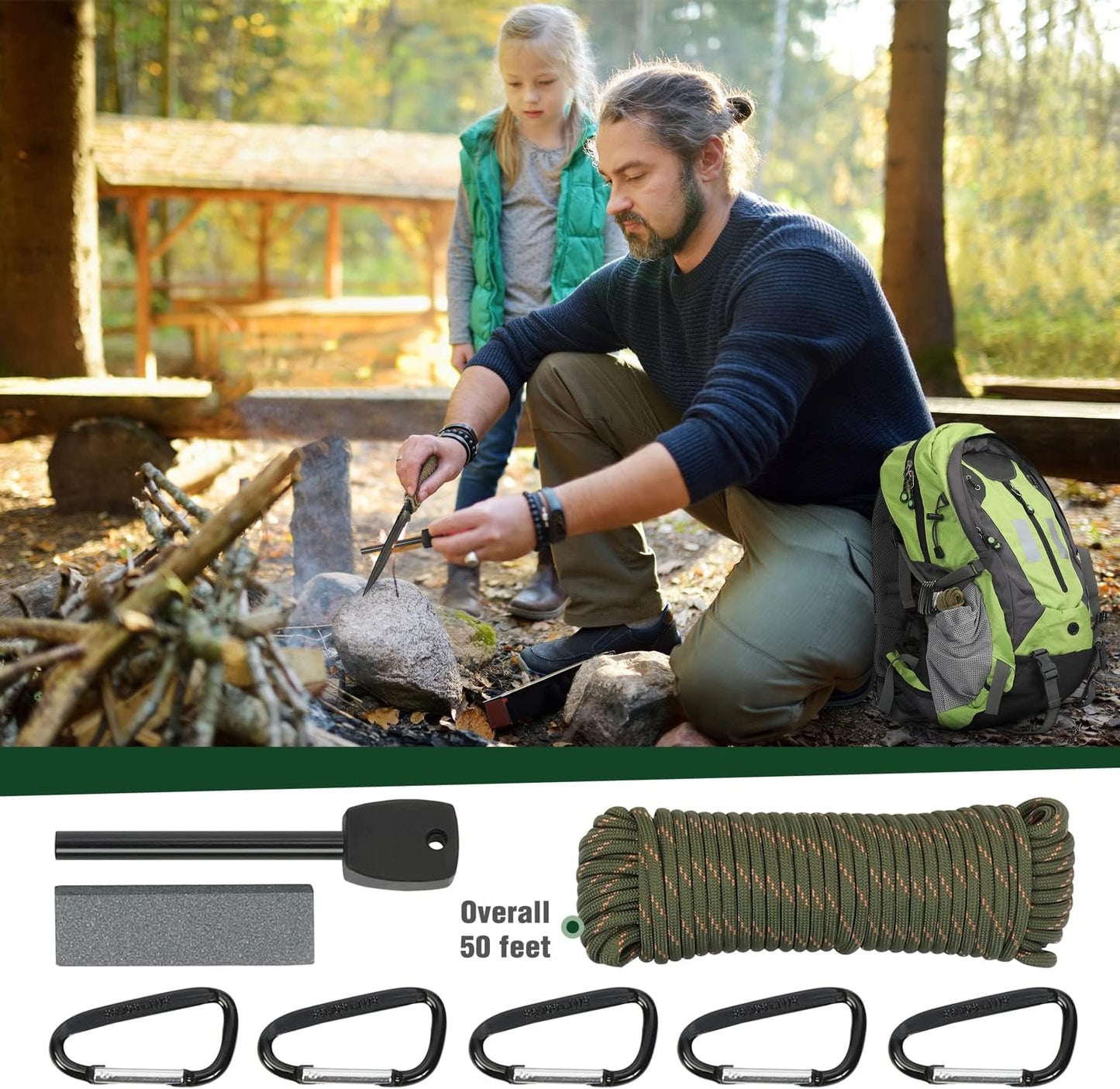 Mossy Oak Axe and Fixed Blade Knife with Sheath, One-Piece Camping Hatchet and Hunting Knife with Rope Handle, Includes Zoomable Tactical Flashlight and Many Other Tools, 15 Pieces Camping Tool Set